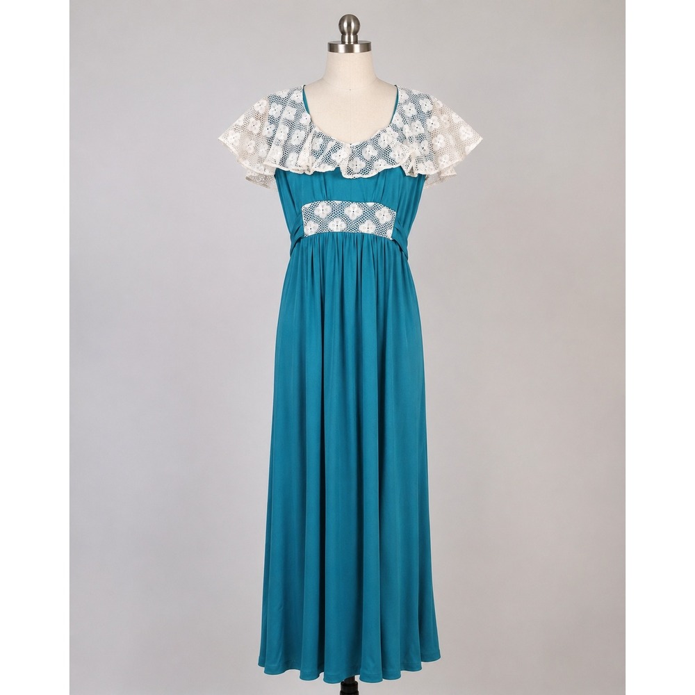 Vintage 70s Teal Maxi Dress Sz 7 Lace Capelet Empire Waist Prairie Boho NWT